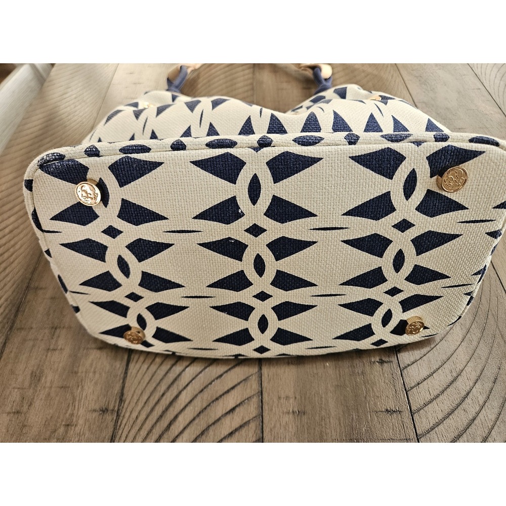 Spartina 449 Bucket Bag Blue Geo Linen Leather Drawstring Nautical Coastal Chic - Picture 6 of 16